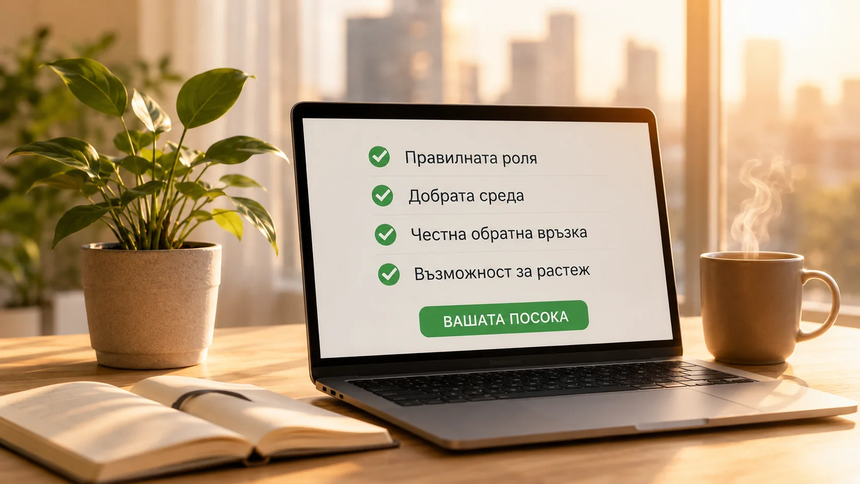 Работно пространство с лаптоп, представящ правилната роля, добра среда, честна обратна връзка и възможност за растеж